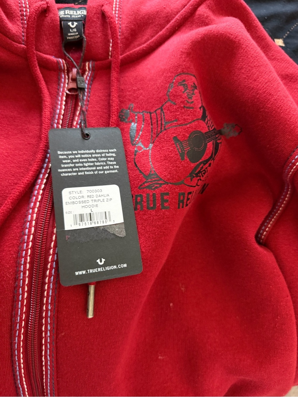 True Religion Red Dahlia Embossed Zip Hoodie Jacket